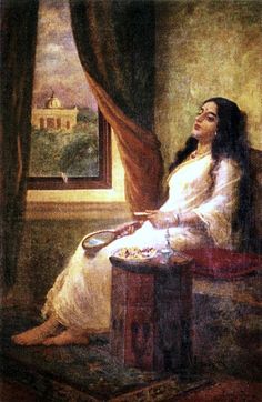 a painting of a woman sitting by a window