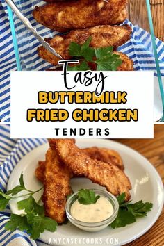 fried chicken tenders on a plate with dipping sauce and parsley in the background