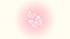 three white butterflies flying in the air on a pink and cream background with stars around them