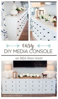 an easy diy media console with white drawers and flowers on the top is featured in this