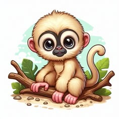 a small monkey sitting on top of a tree branch with leaves around it's legs