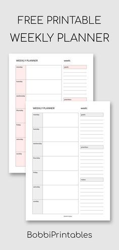 the free printable weekly planner is shown in two different colors and sizes, including pinks