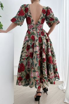 This luxurious midi dress is crafted from the finest materials and finished with a timeless rose embroidery. It features voluminous puff sleeves and a flattering V neckline for an elegant and exclusive look. Perfect for special occasions, this timeless piece will make an unforgettable addition to your wardrobe. Bust and Skirt with full lining. 100% Polyester 100% Recycled polyester lining Concealed zip at center back Imported Prom Girl Dresses, Evening Party Gowns, Rose Embroidery, Fashion Mistakes, Fall Fashion Trends, Tea Length, Fancy Dresses, Ball Dresses, Above Knee