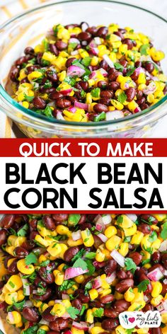 black bean corn salad in a glass bowl