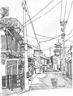 an ink drawing of a street with buildings and wires