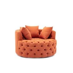 an orange chair with some pillows on it's back and the seat is made out of fabric