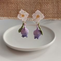 I hope you can enjoy . Delicate Handmade Flower Earrings For Summer, Handmade Purple Flower Earrings For Spring, Jocelyn Core, Micro Crochet Jewelry, Blueberry Earrings, Crocheted Jewelry, Micro Crochet, Jewelry Hand, Earrings Cute