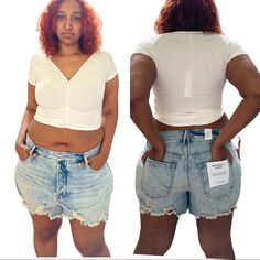 Artfully Ripped And Shredded, These Shapely Denim Cutoff Shorts Have A Leg-Flaunting Short Hem And A Gap-Free Contoured Waistband. 4" Inseam; 22" Leg Opening; 12" Front Rise; 15 1/2" Back Rise (Size 8) Button Fly Closure Five-Pocket Style Blue 646 Is 99% Cotton, 1% Elastane White 025 Is 66% Cotton, 21% Polyester, 10% Viscose, 3% Elastane Machine Wash, Tumble Dry Good American Jeans, Light Denim Jeans, American Jeans, American Denim, Curve Jeans, Cutoff Shorts, Denim Cutoff Shorts, Denim Cutoffs, Slim Straight Jeans