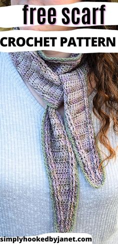 a woman wearing a knitted scarf with text overlay that says free scarf crochet pattern