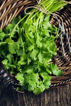 fresh parsley in a wicker basket with tongs and measuring utensils