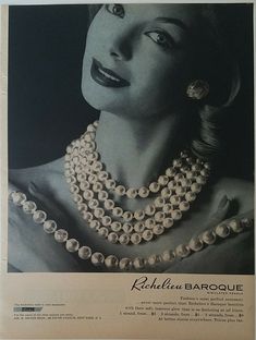 1956 Richelieu baroque necklace earrings beads vintage jewelry ad | eBay Vintage Jewelry Ads, Swarovski Campaign, Baroque Necklace, Jewelry Ad, Earrings Beads, Magazine Advertisement, Luxury Printing, Jewelry Ads, Vintage Pearl