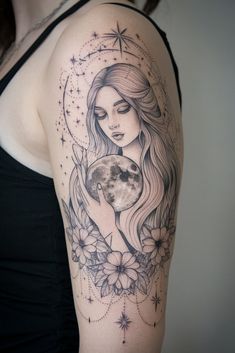 Selene Moon Goddess Tattoo, Celestial Sleeve Tattoos For Women, Moon Tattoo Upper Arm, Woman And Moon Tattoo, Selene Goddess Of The Moon Tattoo, Moon Lady Tattoo, Creative Tattoos For Women, Sleeve Tattoo Ideas For Women