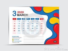 a calendar for march with colorful shapes on the front and back side, in white background