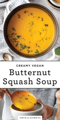 creamy vegan butternut squash soup in a bowl