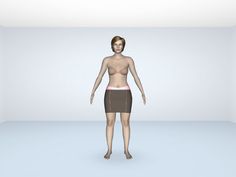 an animated woman standing in a room with no shirt on, wearing a short skirt