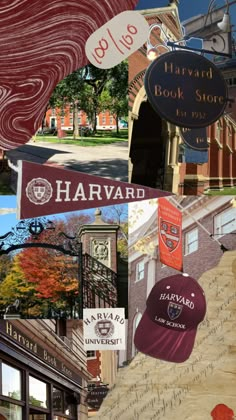 the collage shows many different buildings and signs in this photo, including one for harvard