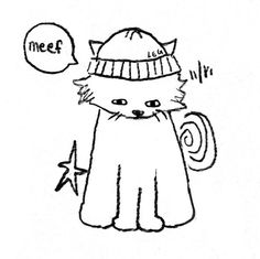 a drawing of a cat wearing a hat and holding a bag with the word meet on it