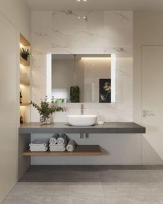 a bathroom with a sink, mirror and towel rack on the counter in front of it