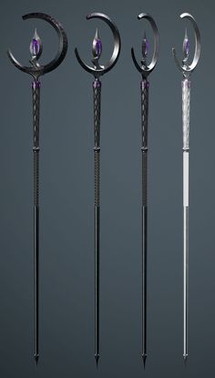 four different types of swords with purple lights on each one and the other two are made out of metal