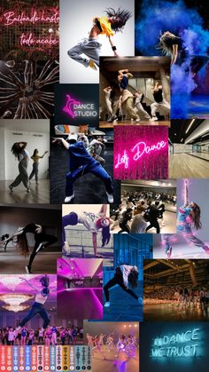 the collage shows many different types of dance and neon lights, including dancers in various poses