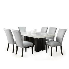 a dining room table with chairs and a white marble top centerpiece on an isolated white background