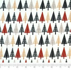 a white background with red and black christmas trees on it, next to a ruler