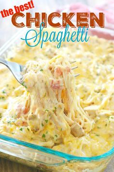 the best chicken spaghetti casserole recipe in a glass dish with a serving spoon