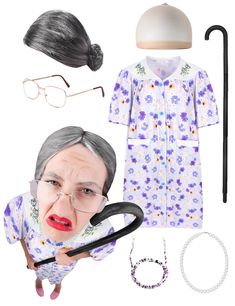 an old woman wearing glasses and holding a cane in front of her face next to other items