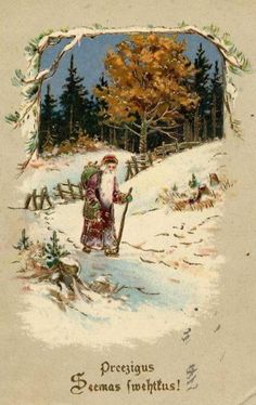 an old fashioned christmas card with a man walking in the snow