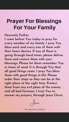 a pink background with the words prayer for blessings for your family