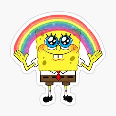 spongebob with glasses and tie standing in front of a rainbow