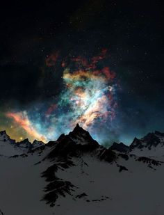 the night sky is filled with stars and clouds, as well as some mountain tops