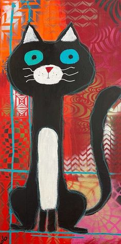 a painting of a black cat with blue eyes sitting on a red and pink background