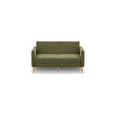 a green couch sitting on top of a white floor next to a wooden frame chair