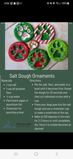 some green and red items on a white table with words above them that read salt dough ornaments