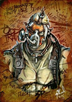 a drawing of a man in a gas mask with writing on the wall behind him