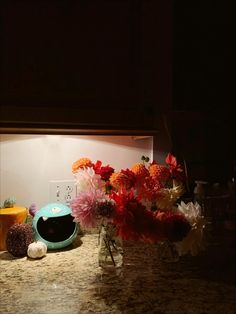 flowers in a vase sitting on a counter top next to a cat bowl and other items