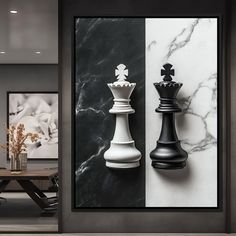 a black and white chess piece next to a wall mounted on a marble paneled wall