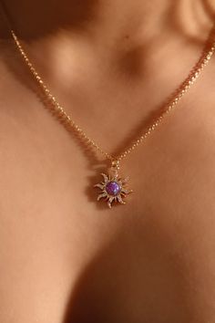 14K Real Gold Plated Purple Opal Sun Necklace – Cutethingscommin Jewelry Moon And Sun, Rapunzel Sun Necklace, Tangled Sun Necklace, Tangled Inspired Jewelry, Gold Elegant Jewelry, Sun Necklace Aesthetic, Beauty And The Beast Jewelry, Necklaces Purple, Sun Accessories