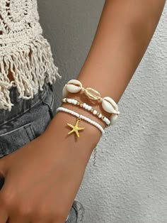 3 piezas Brazalete multicapa bohemio de estilo playa de vacaciones con perla aleatoria, concha, colgante de estrella de mar de metal dorado para mujeres Amarillo Oro    Conchas     Women Fashion Jewelry, size features are:Bust: ,Length: ,Sleeve Length: Collar Conchas, Stella Marina, Bracelet Sets, Starfish Pendant, Bohemian Beach, Women Bracelet, Jewelry Making Tools, Square Bead, Holiday Style