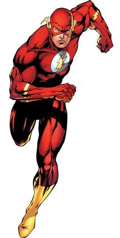 the flash running with his arms out and legs spread wide, in front of white background