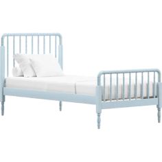 a blue bed with white sheets and pillows