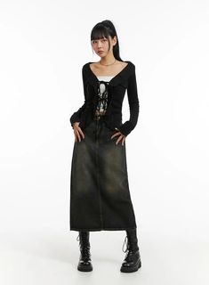 Denim Mid Waist Pocket Maxi Skirt CJ411 - Korean Women's Fashion | LEWKIN Long Black Skirt Fall Outfit, Mid Length Denim Skirt Outfit, Black Denim Maxi Skirt Outfit, Mid Length Skirt Outfit, Long Black Denim Skirt, Maxi Denim Skirt Outfit, Denim Maxi Skirt Outfit, Thrift Board, Jean Skirt Outfits