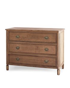 a wooden dresser with three drawers and two pulls on the bottom drawer, against a white background