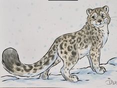 a drawing of a snow leopard standing in the snow