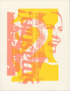 a woman's face is shown in an orange, pink and yellow collage