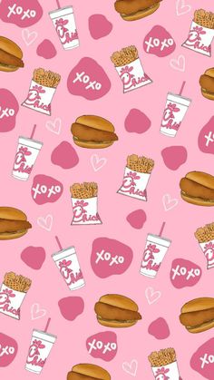 a pink background with hot dogs and drinks