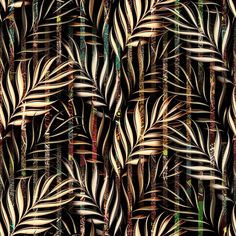 an abstract pattern made up of many different colored plants and leaves on a black background