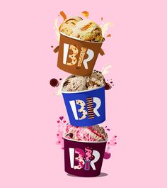 three ice cream buckets stacked on top of each other with the words bbr above them