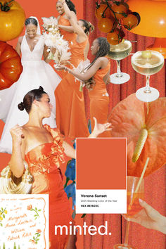 a collage of women dressed in oranges and white dresses with balloons, flowers, and wine glasses